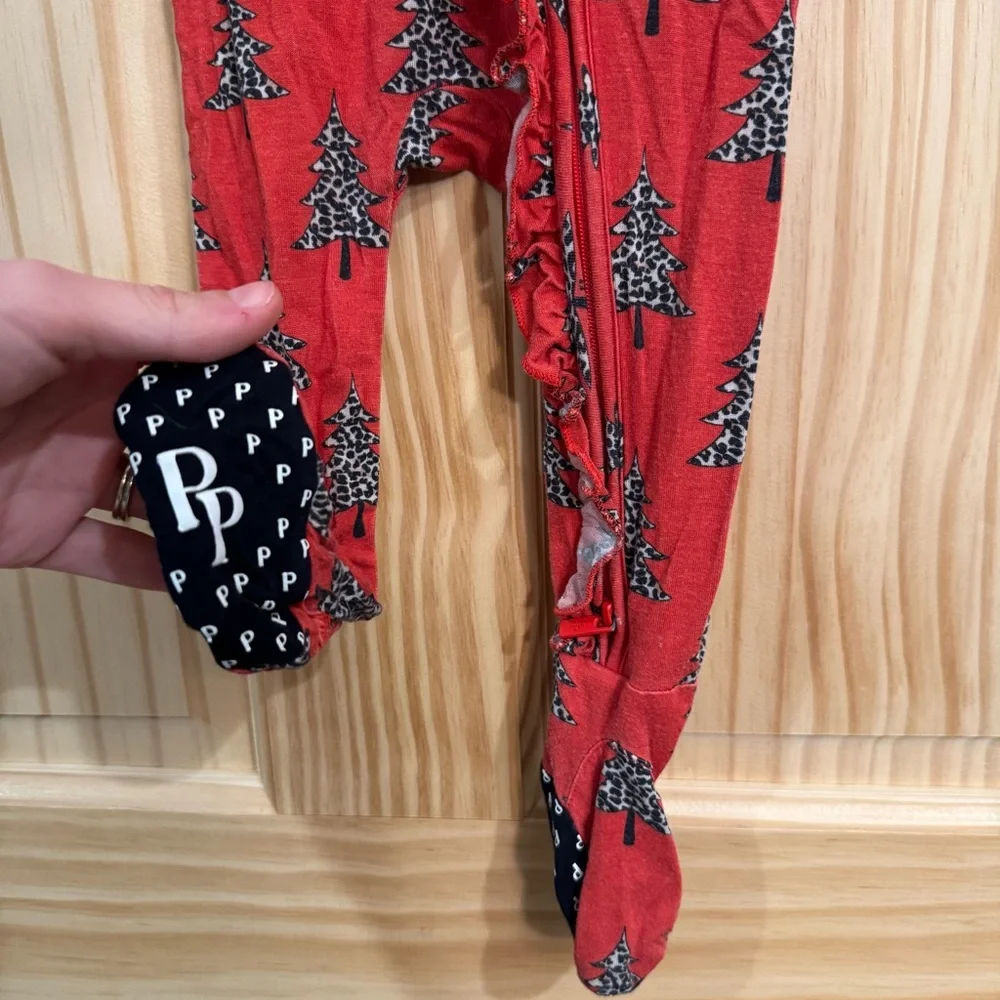 Posh Peanut Red Leopard Christmas‎ Tree Bamboo Ruffle Footie Sleeper 3-6 Months